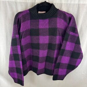 80s Vintage Adele Knitwear Purple Black‎ Plaid Mock Neck Sweater Women's